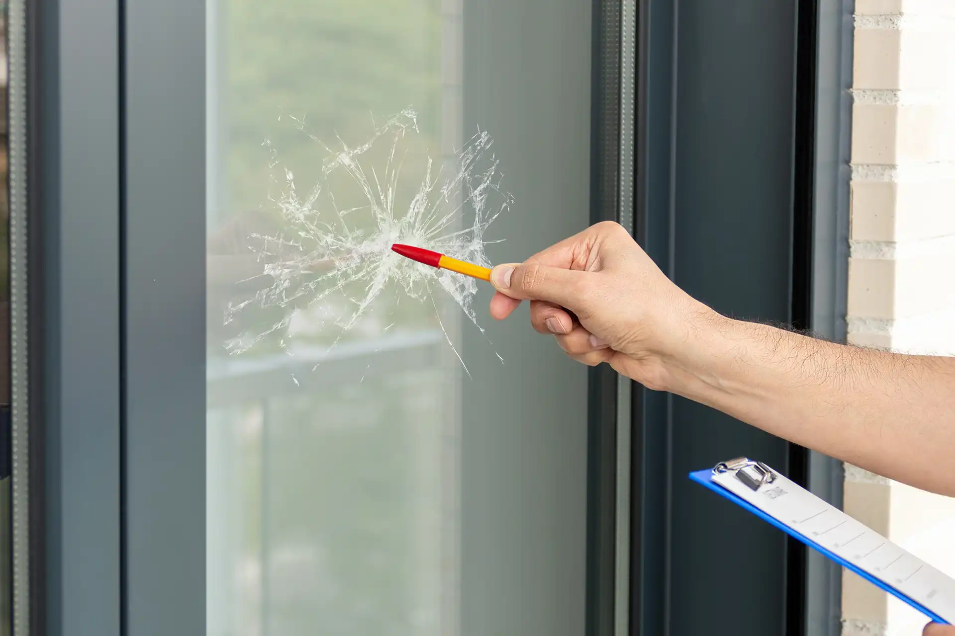Nahaufnahme einer Männerhand, die nach einem Fensterunfall in einem Haus die Glasscheibe überprüft, um sie zu reparieren.